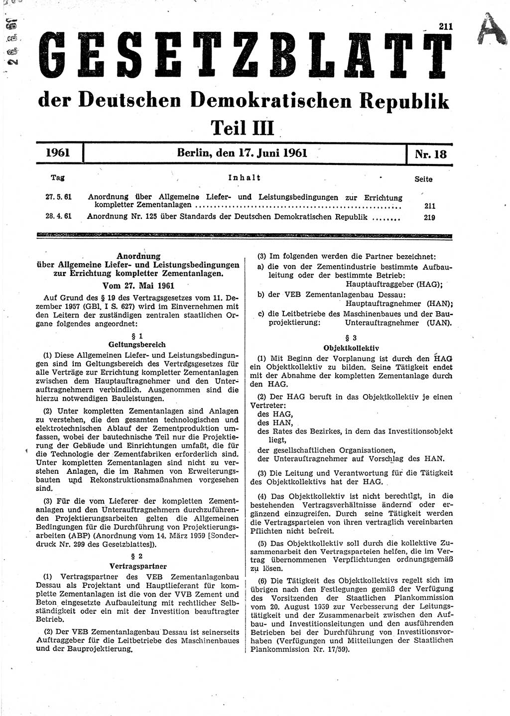 Gesetzblatt (GBl.) der Deutschen Demokratischen Republik (DDR) Teil ⅠⅠⅠ 1961, Seite 211 (GBl. DDR ⅠⅠⅠ 1961, S. 211)