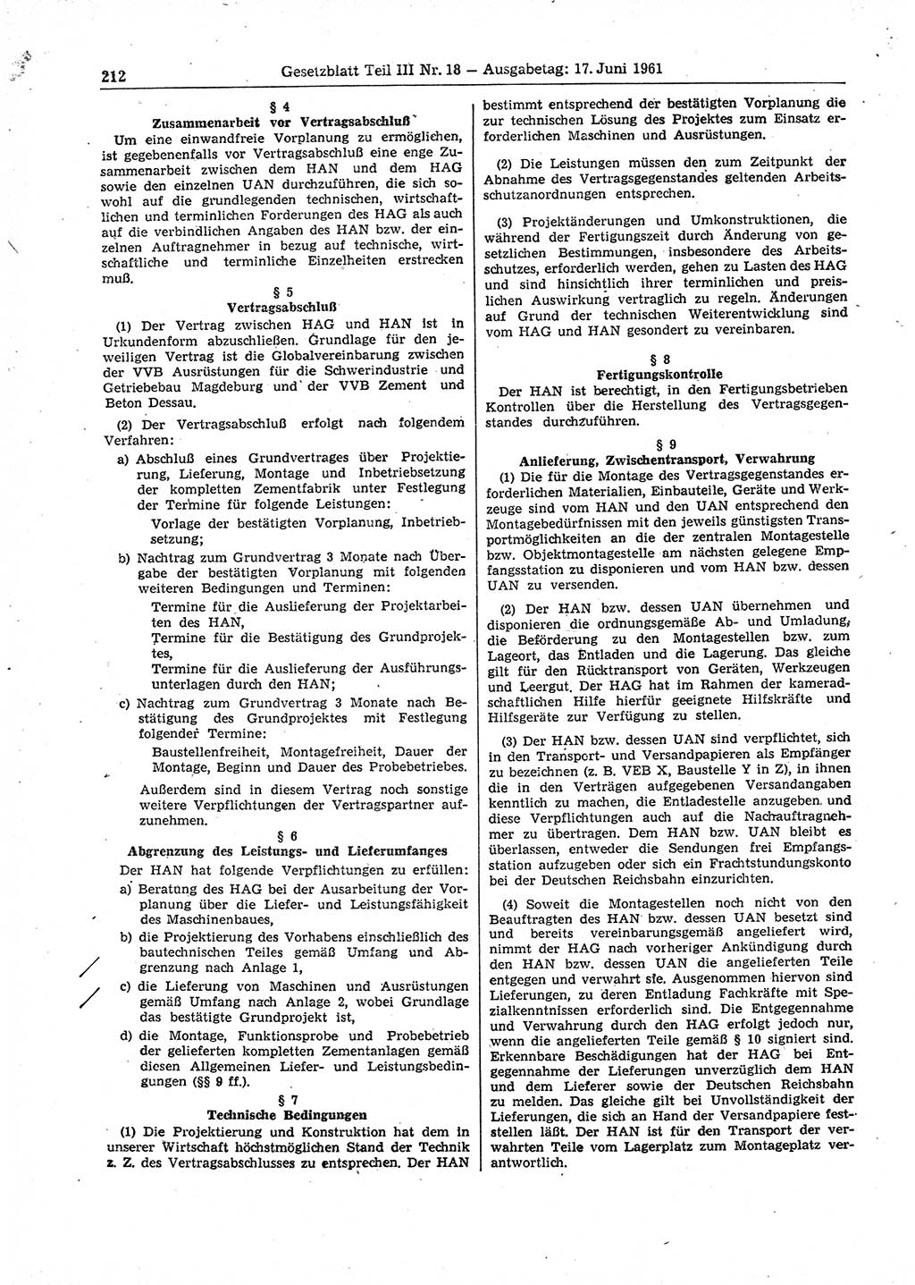 Gesetzblatt (GBl.) der Deutschen Demokratischen Republik (DDR) Teil ⅠⅠⅠ 1961, Seite 212 (GBl. DDR ⅠⅠⅠ 1961, S. 212)