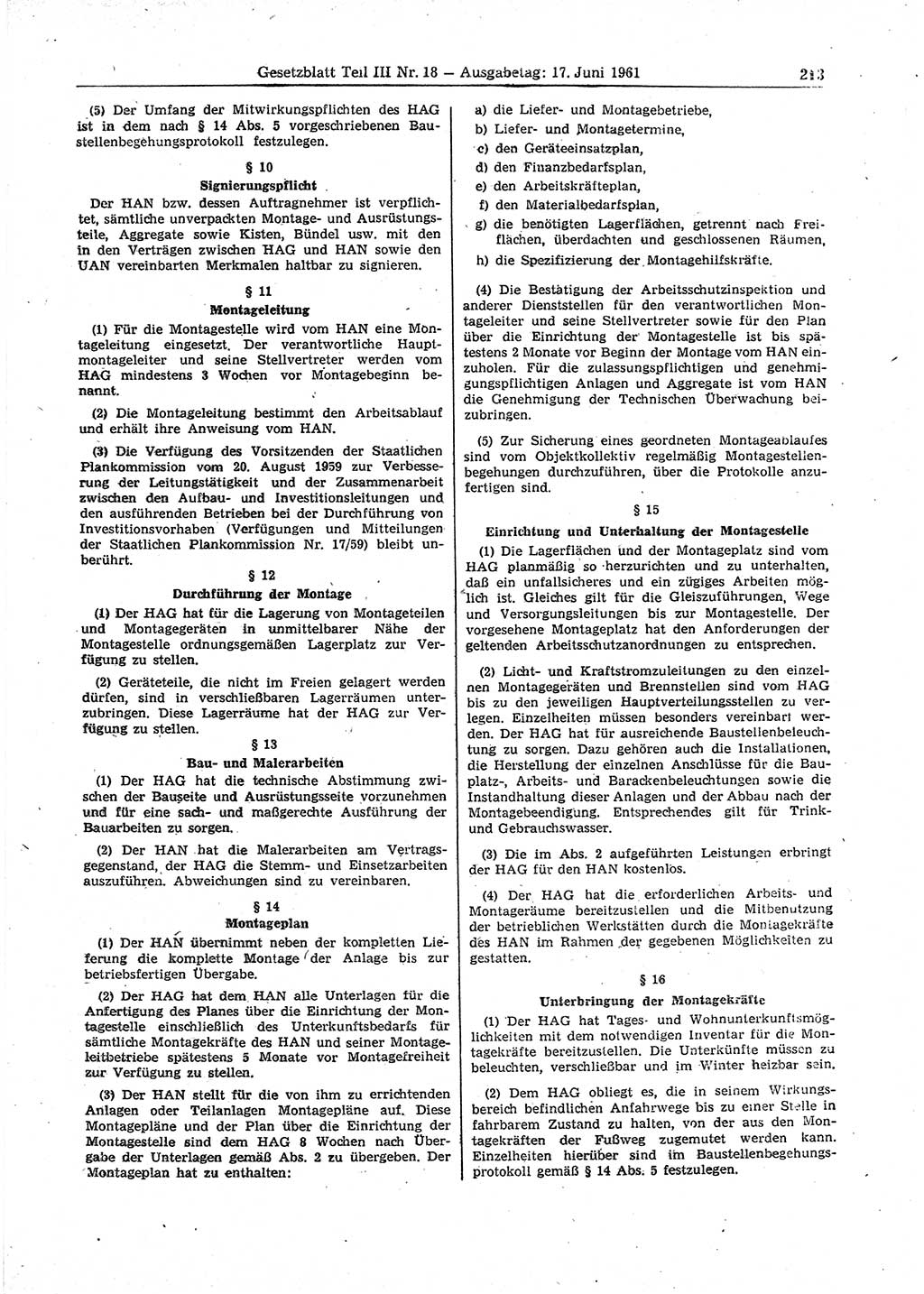 Gesetzblatt (GBl.) der Deutschen Demokratischen Republik (DDR) Teil ⅠⅠⅠ 1961, Seite 213 (GBl. DDR ⅠⅠⅠ 1961, S. 213)