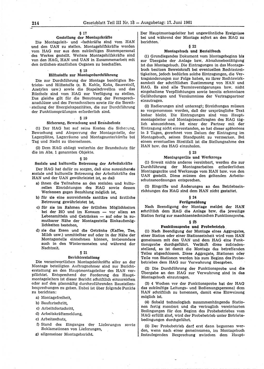 Gesetzblatt (GBl.) der Deutschen Demokratischen Republik (DDR) Teil ⅠⅠⅠ 1961, Seite 214 (GBl. DDR ⅠⅠⅠ 1961, S. 214)