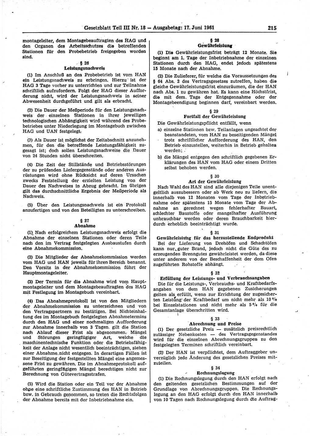 Gesetzblatt (GBl.) der Deutschen Demokratischen Republik (DDR) Teil ⅠⅠⅠ 1961, Seite 215 (GBl. DDR ⅠⅠⅠ 1961, S. 215)
