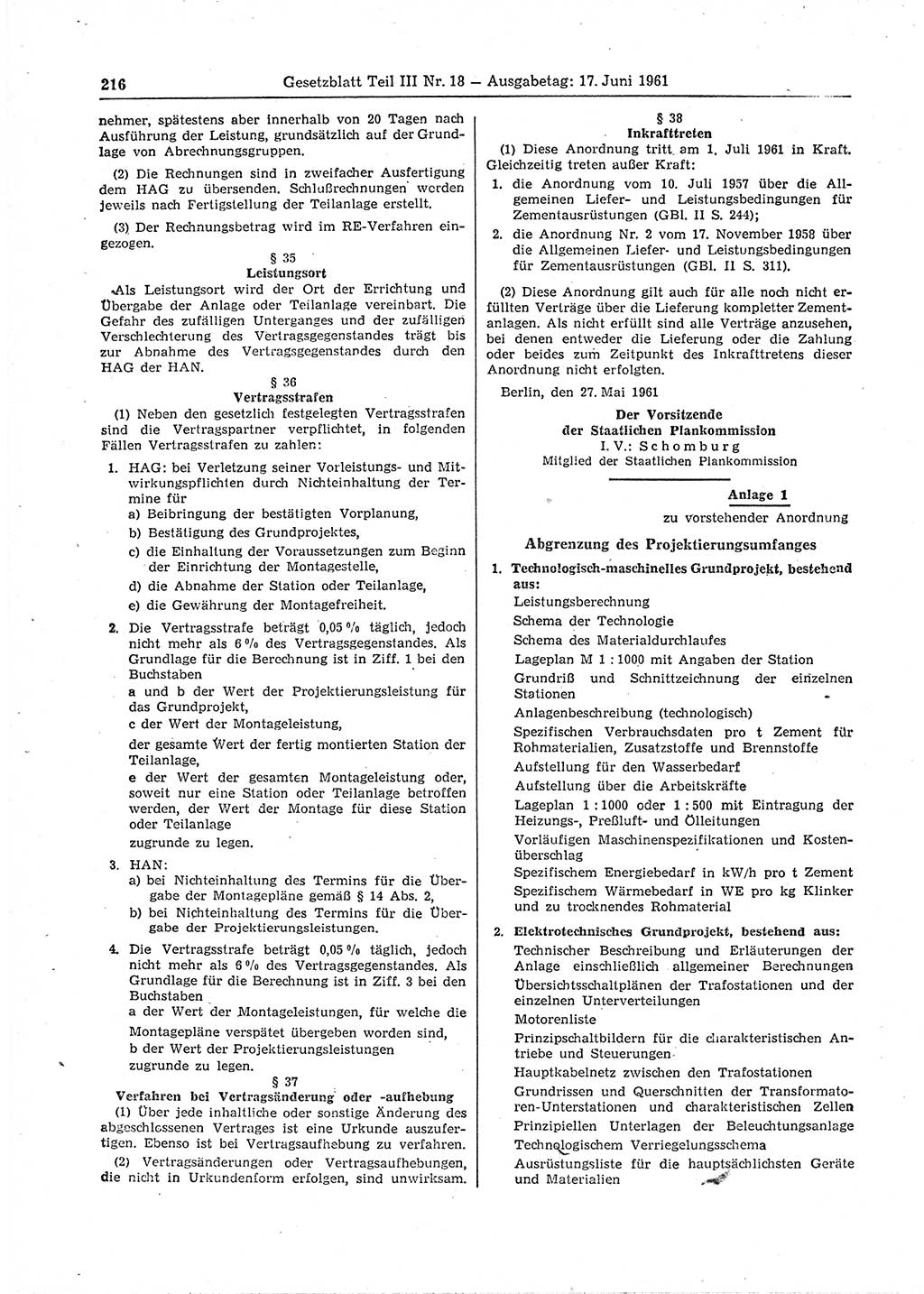 Gesetzblatt (GBl.) der Deutschen Demokratischen Republik (DDR) Teil ⅠⅠⅠ 1961, Seite 216 (GBl. DDR ⅠⅠⅠ 1961, S. 216)