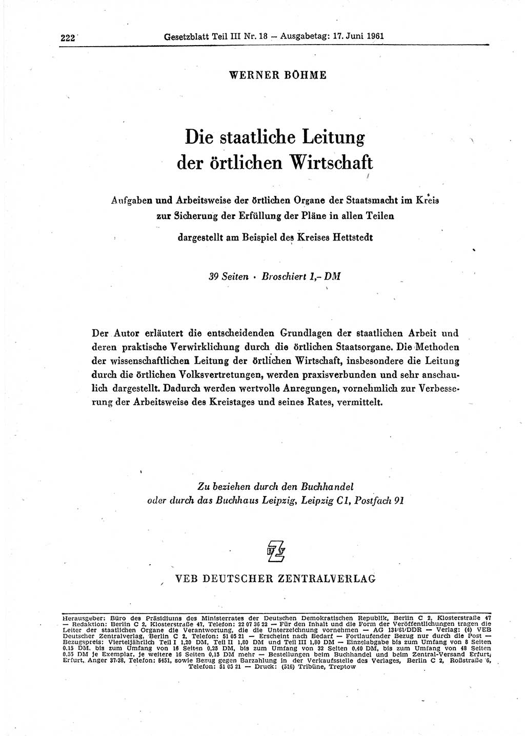 Gesetzblatt (GBl.) der Deutschen Demokratischen Republik (DDR) Teil ⅠⅠⅠ 1961, Seite 222 (GBl. DDR ⅠⅠⅠ 1961, S. 222)