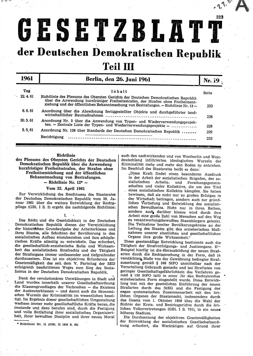 Gesetzblatt (GBl.) der Deutschen Demokratischen Republik (DDR) Teil ⅠⅠⅠ 1961, Seite 223 (GBl. DDR ⅠⅠⅠ 1961, S. 223)