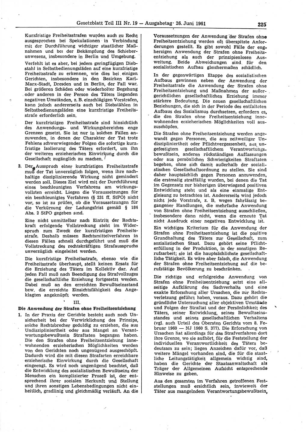 Gesetzblatt (GBl.) der Deutschen Demokratischen Republik (DDR) Teil ⅠⅠⅠ 1961, Seite 225 (GBl. DDR ⅠⅠⅠ 1961, S. 225)