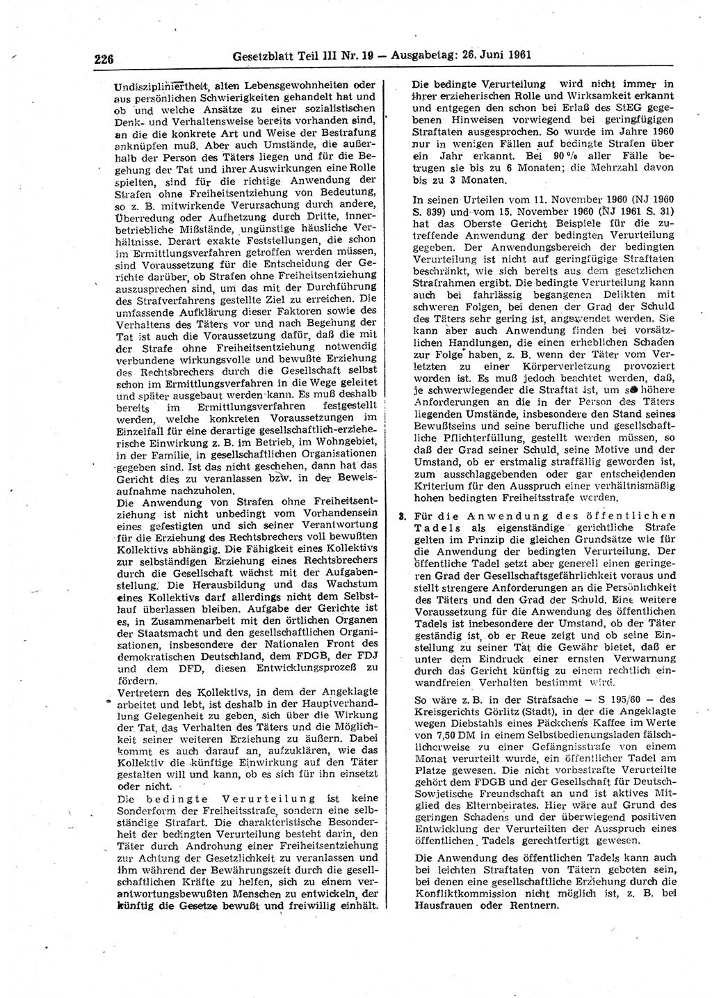 Gesetzblatt (GBl.) der Deutschen Demokratischen Republik (DDR) Teil ⅠⅠⅠ 1961, Seite 226 (GBl. DDR ⅠⅠⅠ 1961, S. 226)