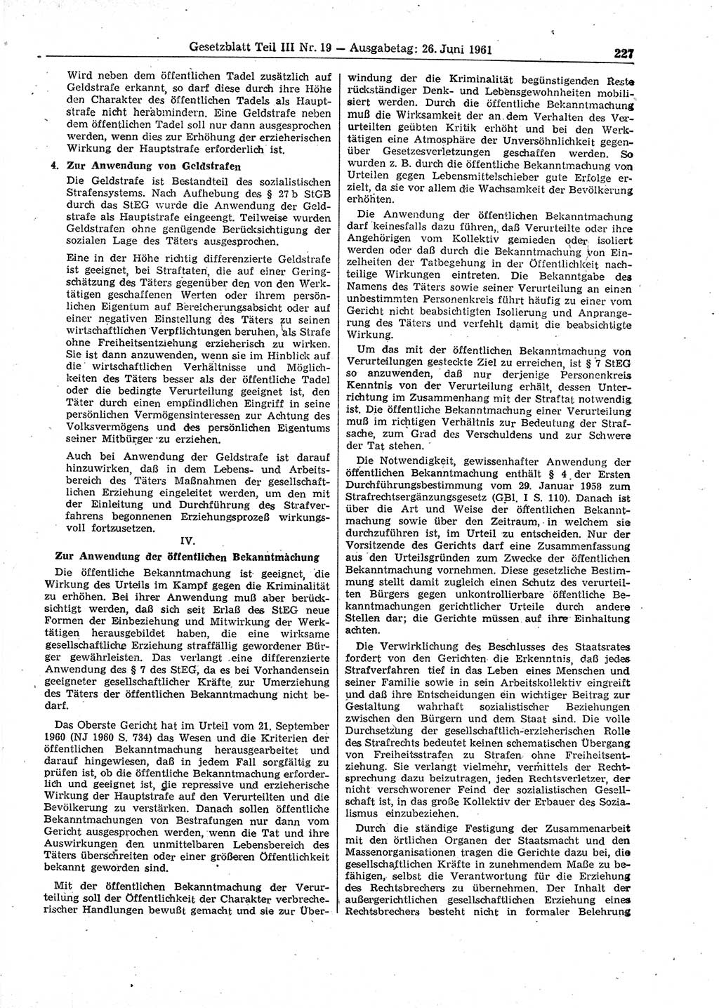 Gesetzblatt (GBl.) der Deutschen Demokratischen Republik (DDR) Teil ⅠⅠⅠ 1961, Seite 227 (GBl. DDR ⅠⅠⅠ 1961, S. 227)