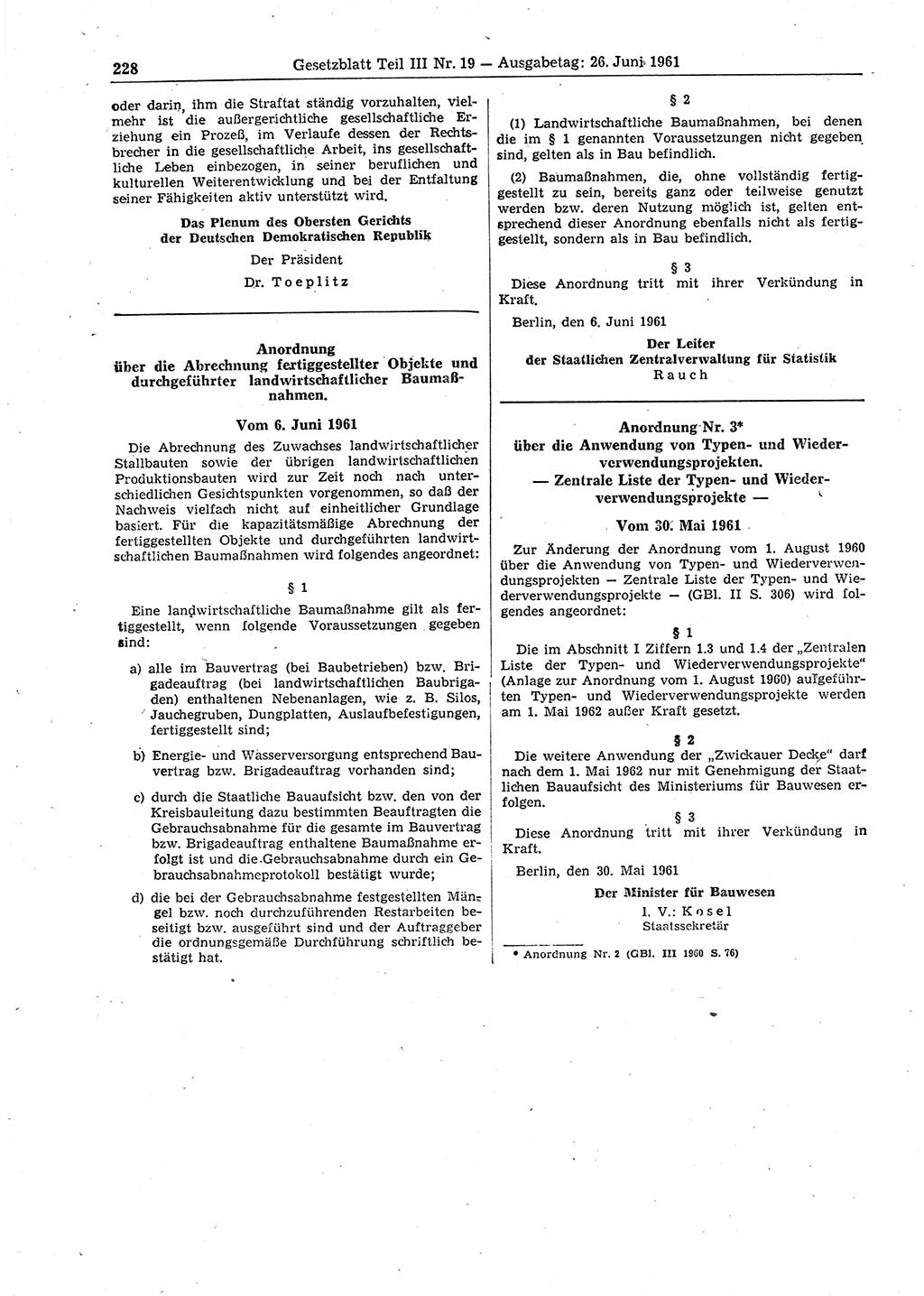 Gesetzblatt (GBl.) der Deutschen Demokratischen Republik (DDR) Teil ⅠⅠⅠ 1961, Seite 228 (GBl. DDR ⅠⅠⅠ 1961, S. 228)