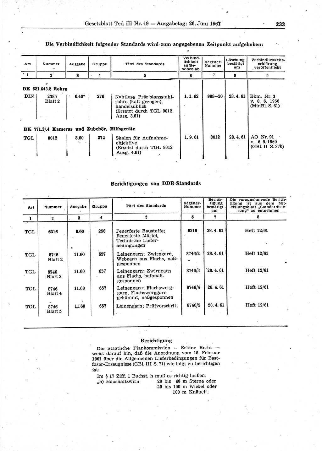 Gesetzblatt (GBl.) der Deutschen Demokratischen Republik (DDR) Teil ⅠⅠⅠ 1961, Seite 233 (GBl. DDR ⅠⅠⅠ 1961, S. 233)
