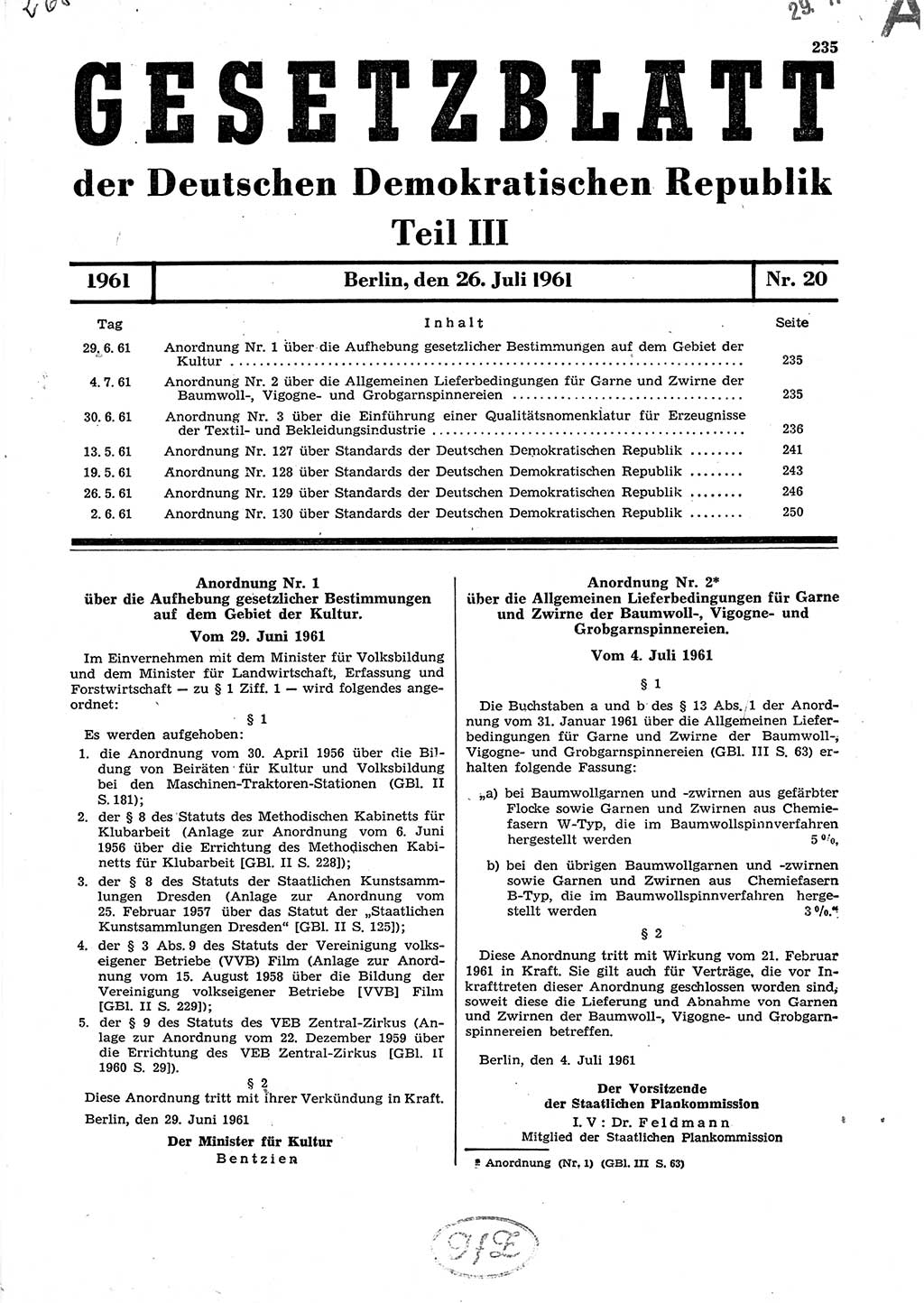 Gesetzblatt (GBl.) der Deutschen Demokratischen Republik (DDR) Teil ⅠⅠⅠ 1961, Seite 235 (GBl. DDR ⅠⅠⅠ 1961, S. 235)