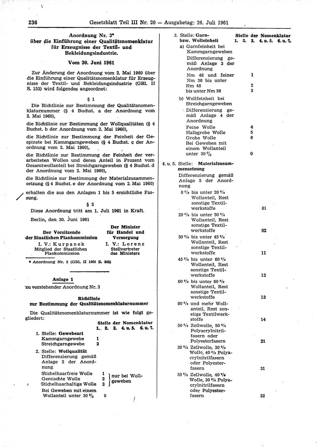 Gesetzblatt (GBl.) der Deutschen Demokratischen Republik (DDR) Teil ⅠⅠⅠ 1961, Seite 236 (GBl. DDR ⅠⅠⅠ 1961, S. 236)