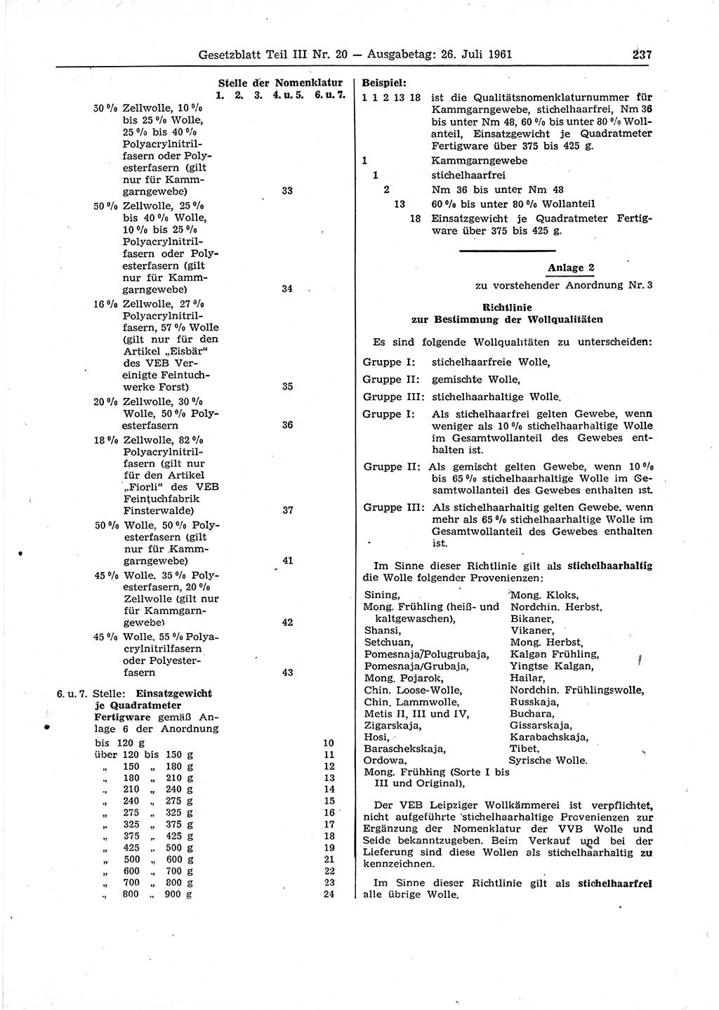Gesetzblatt (GBl.) der Deutschen Demokratischen Republik (DDR) Teil ⅠⅠⅠ 1961, Seite 237 (GBl. DDR ⅠⅠⅠ 1961, S. 237)