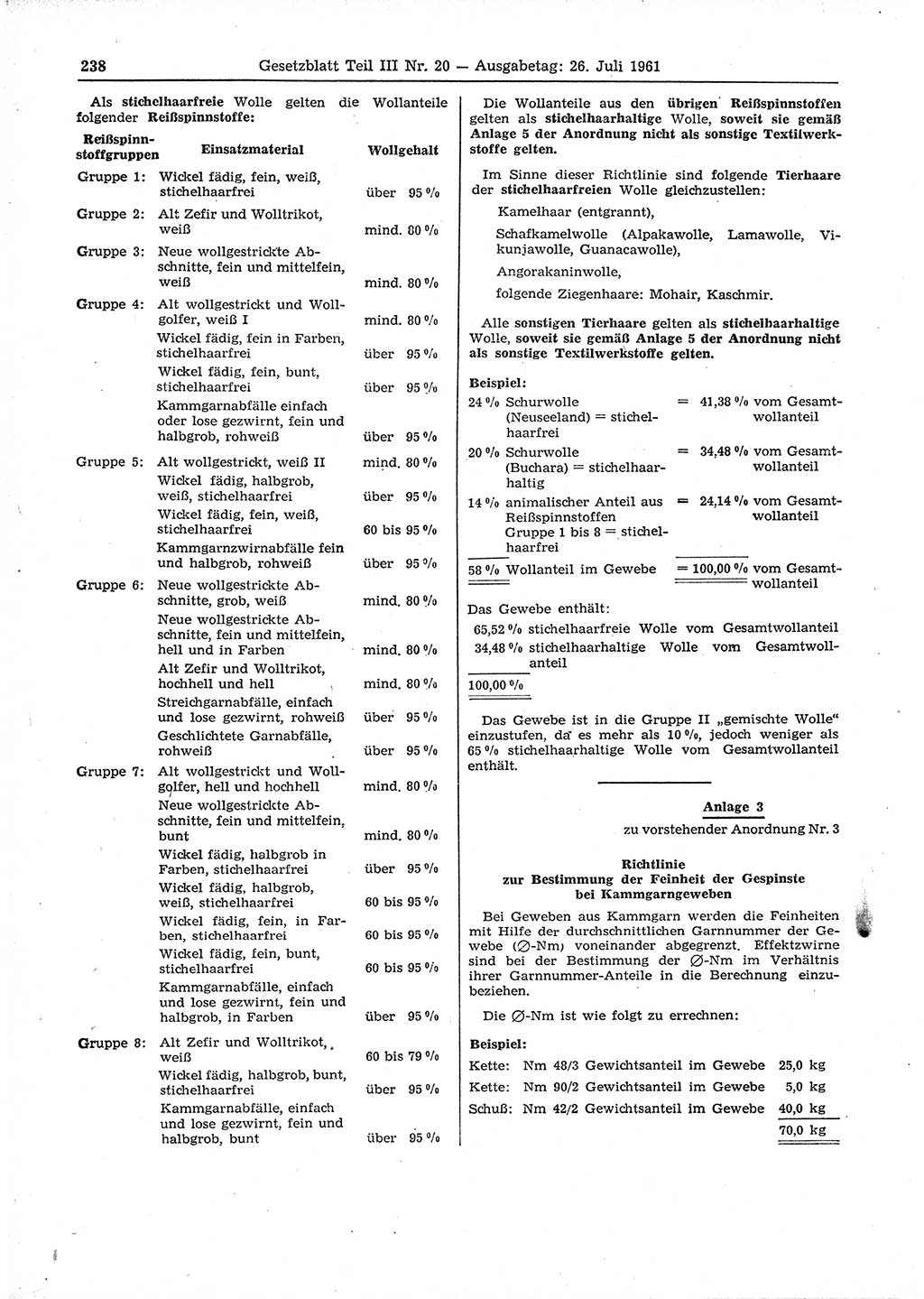 Gesetzblatt (GBl.) der Deutschen Demokratischen Republik (DDR) Teil ⅠⅠⅠ 1961, Seite 238 (GBl. DDR ⅠⅠⅠ 1961, S. 238)