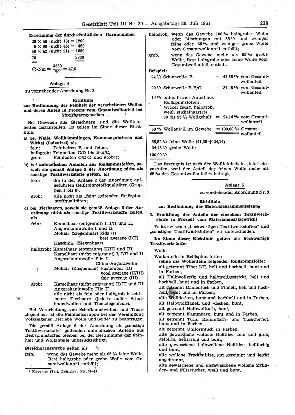 Gesetzblatt (GBl.) der Deutschen Demokratischen Republik (DDR) Teil ⅠⅠⅠ 1961, Seite 239 (GBl. DDR ⅠⅠⅠ 1961, S. 239)