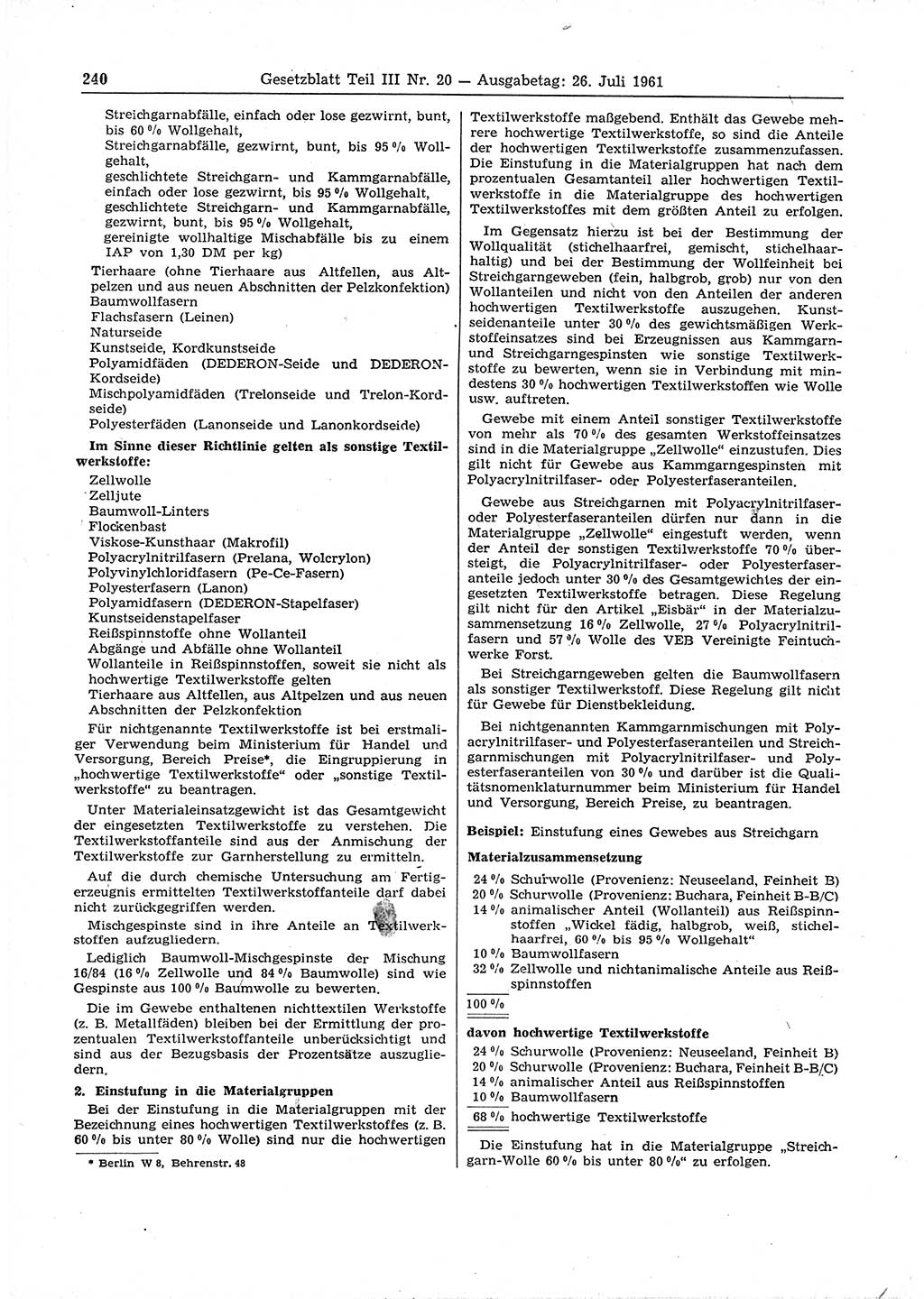 Gesetzblatt (GBl.) der Deutschen Demokratischen Republik (DDR) Teil ⅠⅠⅠ 1961, Seite 240 (GBl. DDR ⅠⅠⅠ 1961, S. 240)