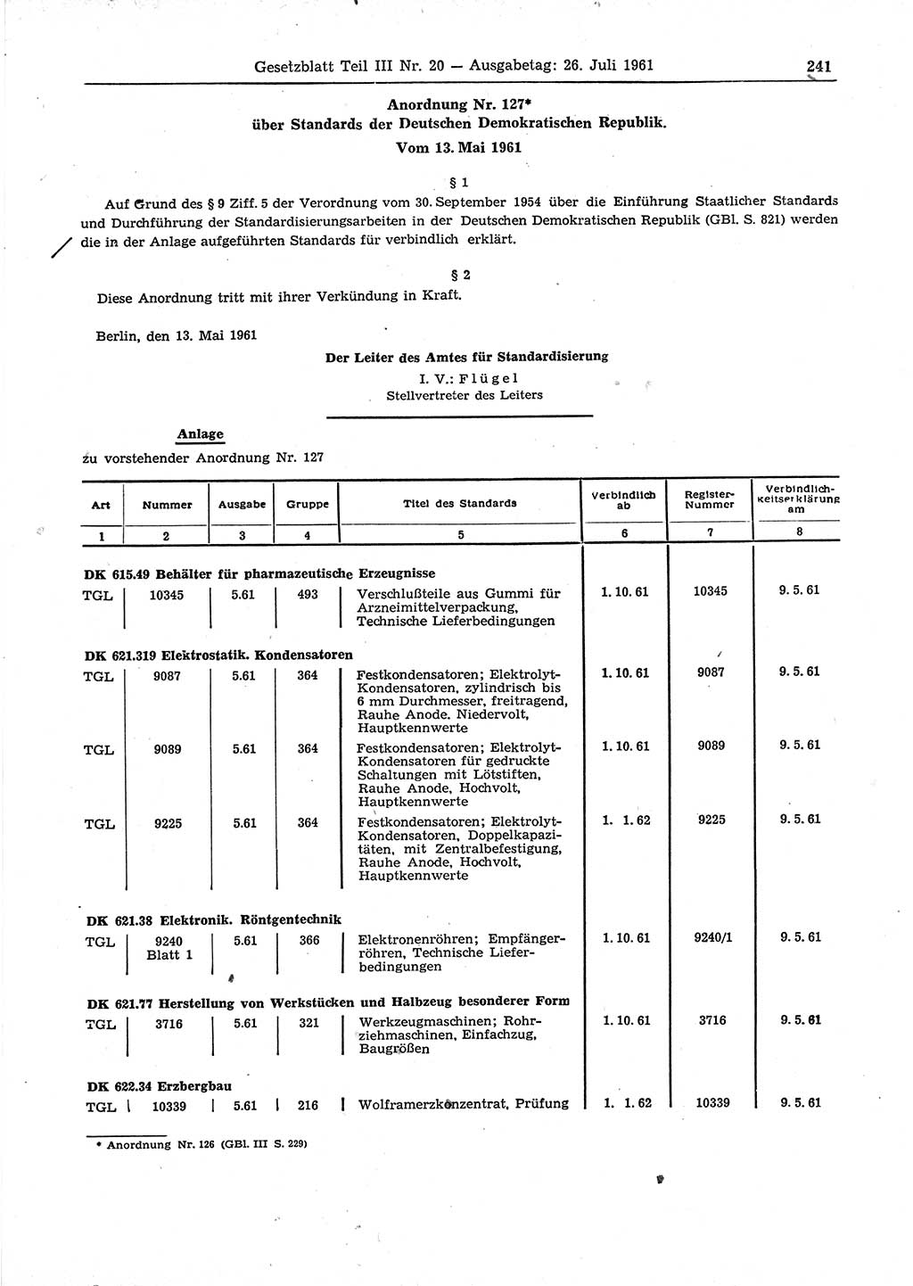 Gesetzblatt (GBl.) der Deutschen Demokratischen Republik (DDR) Teil ⅠⅠⅠ 1961, Seite 241 (GBl. DDR ⅠⅠⅠ 1961, S. 241)