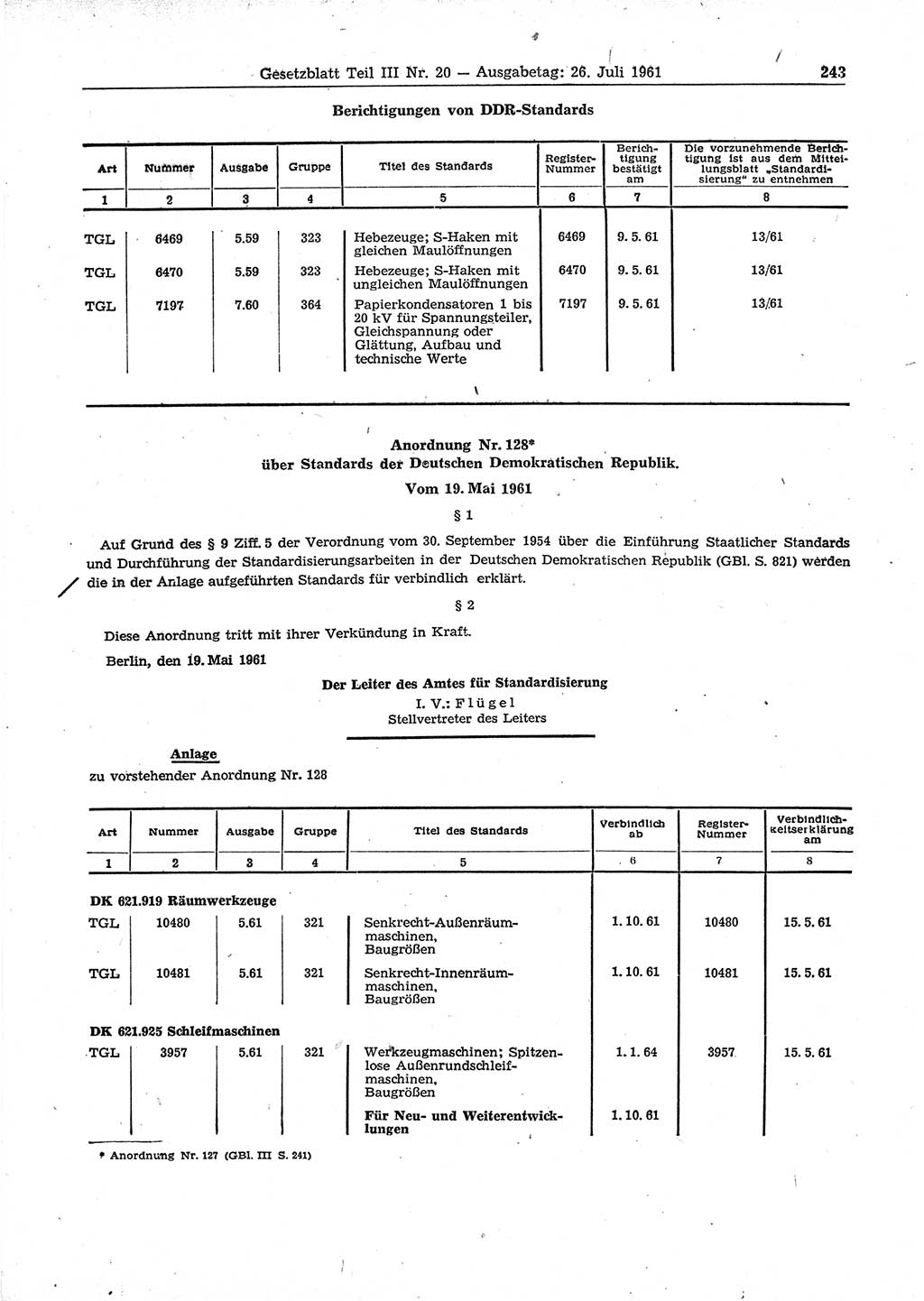 Gesetzblatt (GBl.) der Deutschen Demokratischen Republik (DDR) Teil ⅠⅠⅠ 1961, Seite 243 (GBl. DDR ⅠⅠⅠ 1961, S. 243)