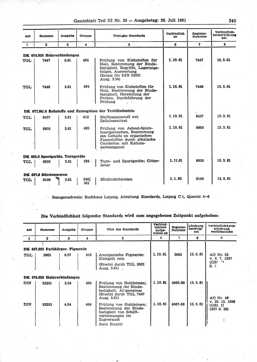 Gesetzblatt (GBl.) der Deutschen Demokratischen Republik (DDR) Teil ⅠⅠⅠ 1961, Seite 245 (GBl. DDR ⅠⅠⅠ 1961, S. 245)