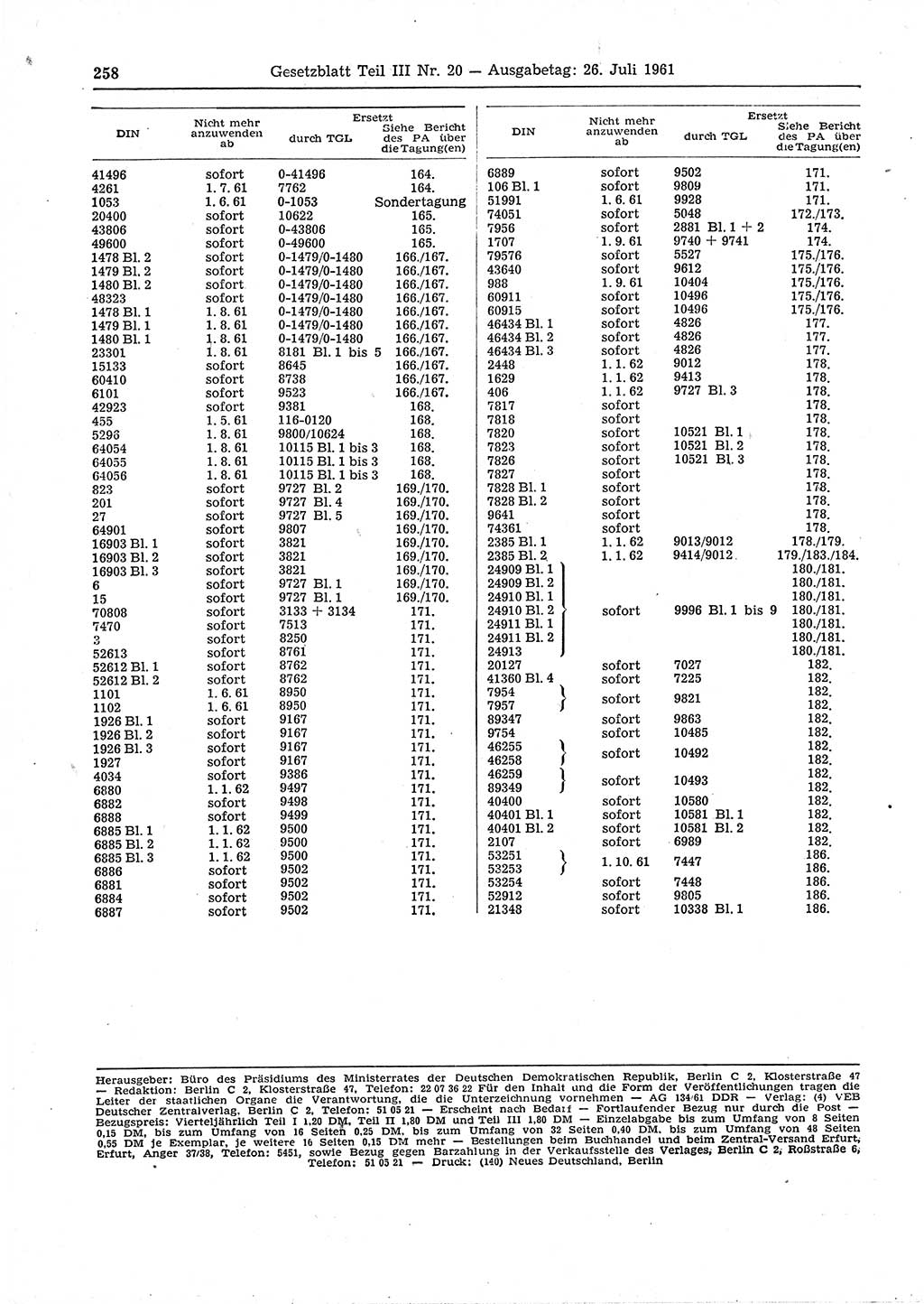 Gesetzblatt (GBl.) der Deutschen Demokratischen Republik (DDR) Teil ⅠⅠⅠ 1961, Seite 258 (GBl. DDR ⅠⅠⅠ 1961, S. 258)