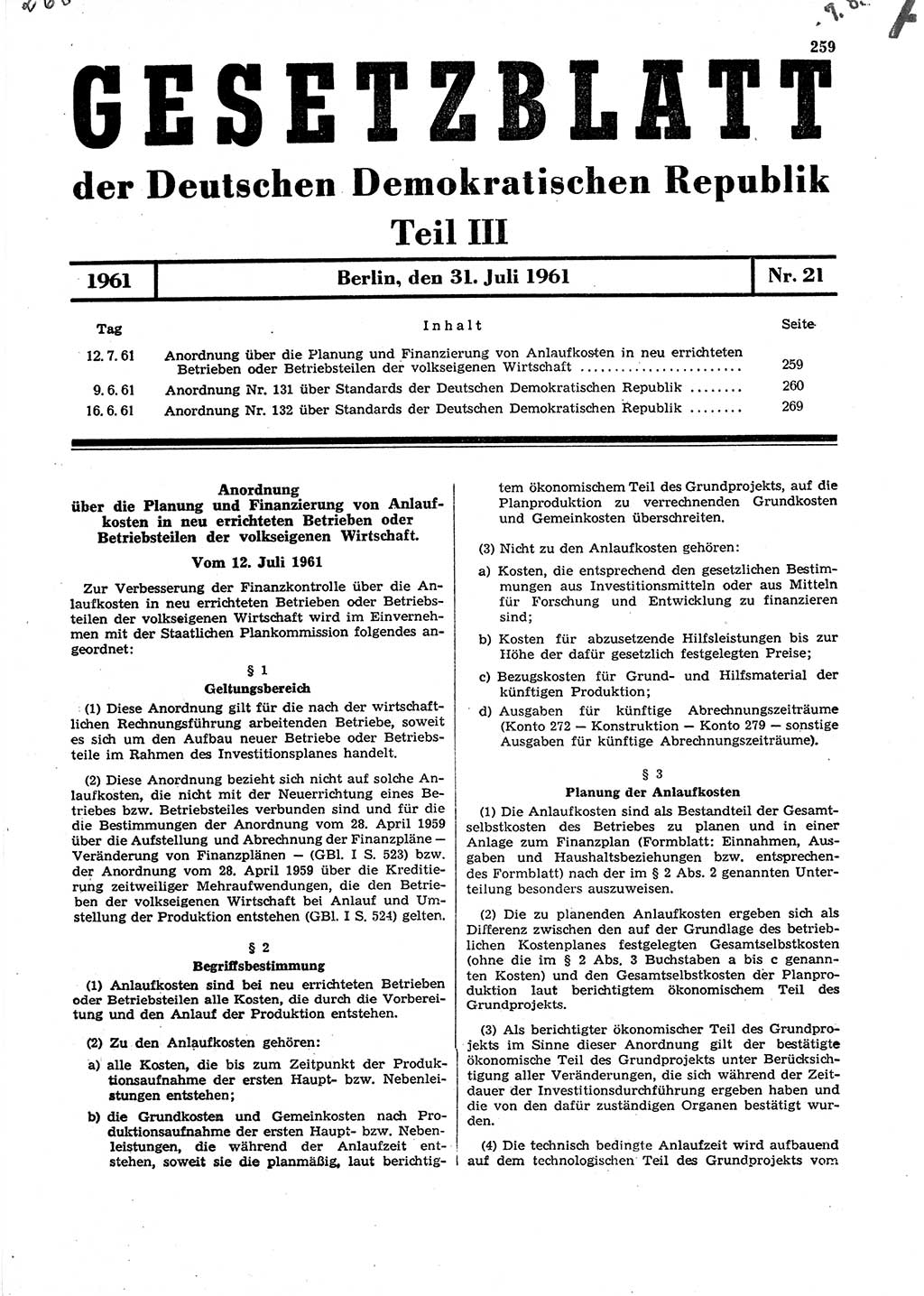 Gesetzblatt (GBl.) der Deutschen Demokratischen Republik (DDR) Teil ⅠⅠⅠ 1961, Seite 259 (GBl. DDR ⅠⅠⅠ 1961, S. 259)