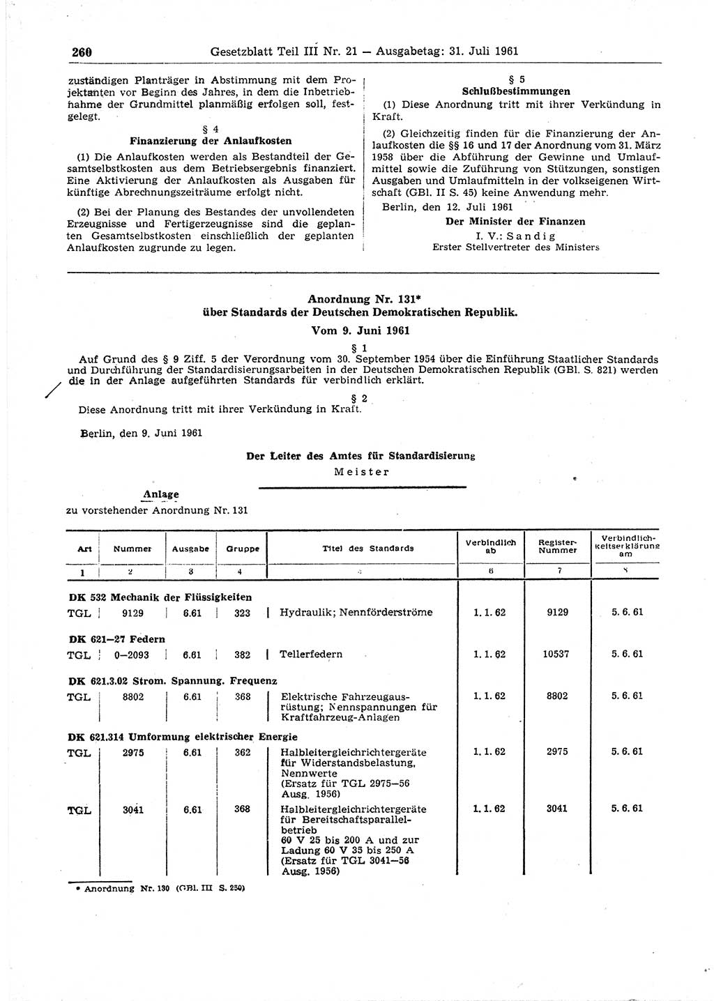 Gesetzblatt (GBl.) der Deutschen Demokratischen Republik (DDR) Teil ⅠⅠⅠ 1961, Seite 260 (GBl. DDR ⅠⅠⅠ 1961, S. 260)