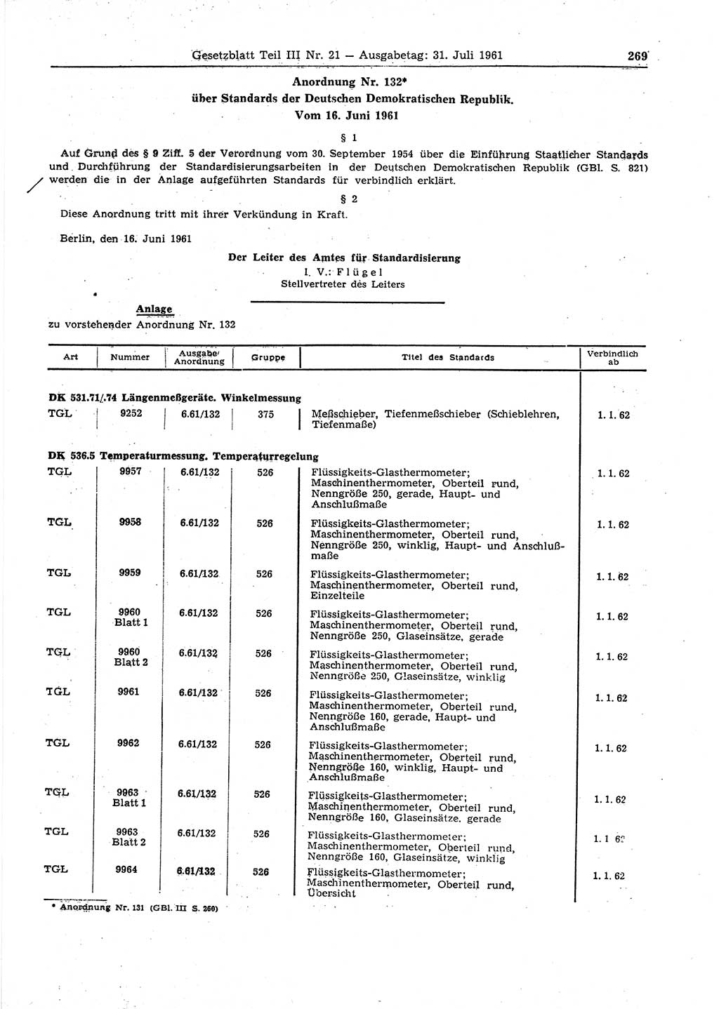 Gesetzblatt (GBl.) der Deutschen Demokratischen Republik (DDR) Teil ⅠⅠⅠ 1961, Seite 269 (GBl. DDR ⅠⅠⅠ 1961, S. 269)