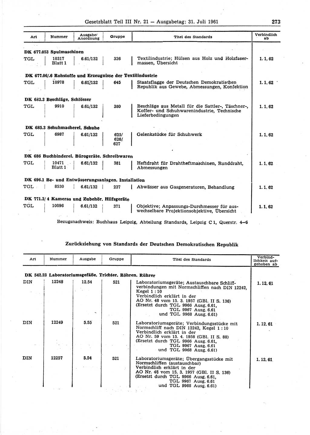 Gesetzblatt (GBl.) der Deutschen Demokratischen Republik (DDR) Teil ⅠⅠⅠ 1961, Seite 273 (GBl. DDR ⅠⅠⅠ 1961, S. 273)