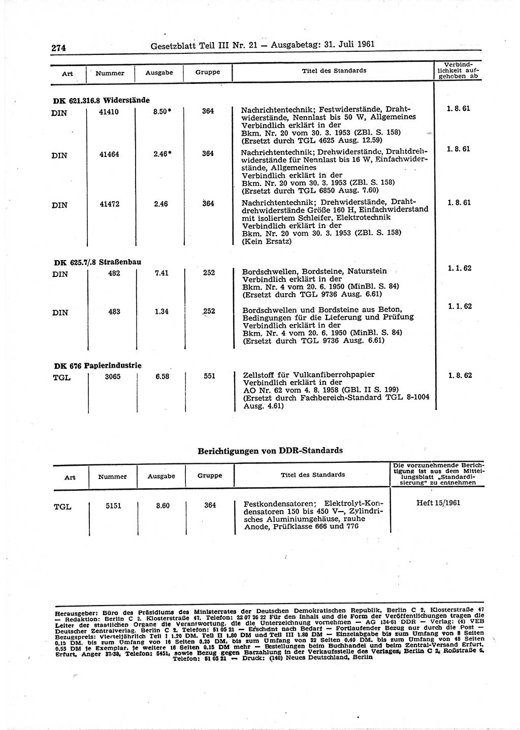Gesetzblatt (GBl.) der Deutschen Demokratischen Republik (DDR) Teil ⅠⅠⅠ 1961, Seite 274 (GBl. DDR ⅠⅠⅠ 1961, S. 274)