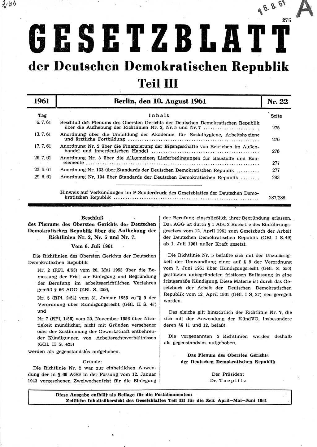 Gesetzblatt (GBl.) der Deutschen Demokratischen Republik (DDR) Teil ⅠⅠⅠ 1961, Seite 275 (GBl. DDR ⅠⅠⅠ 1961, S. 275)