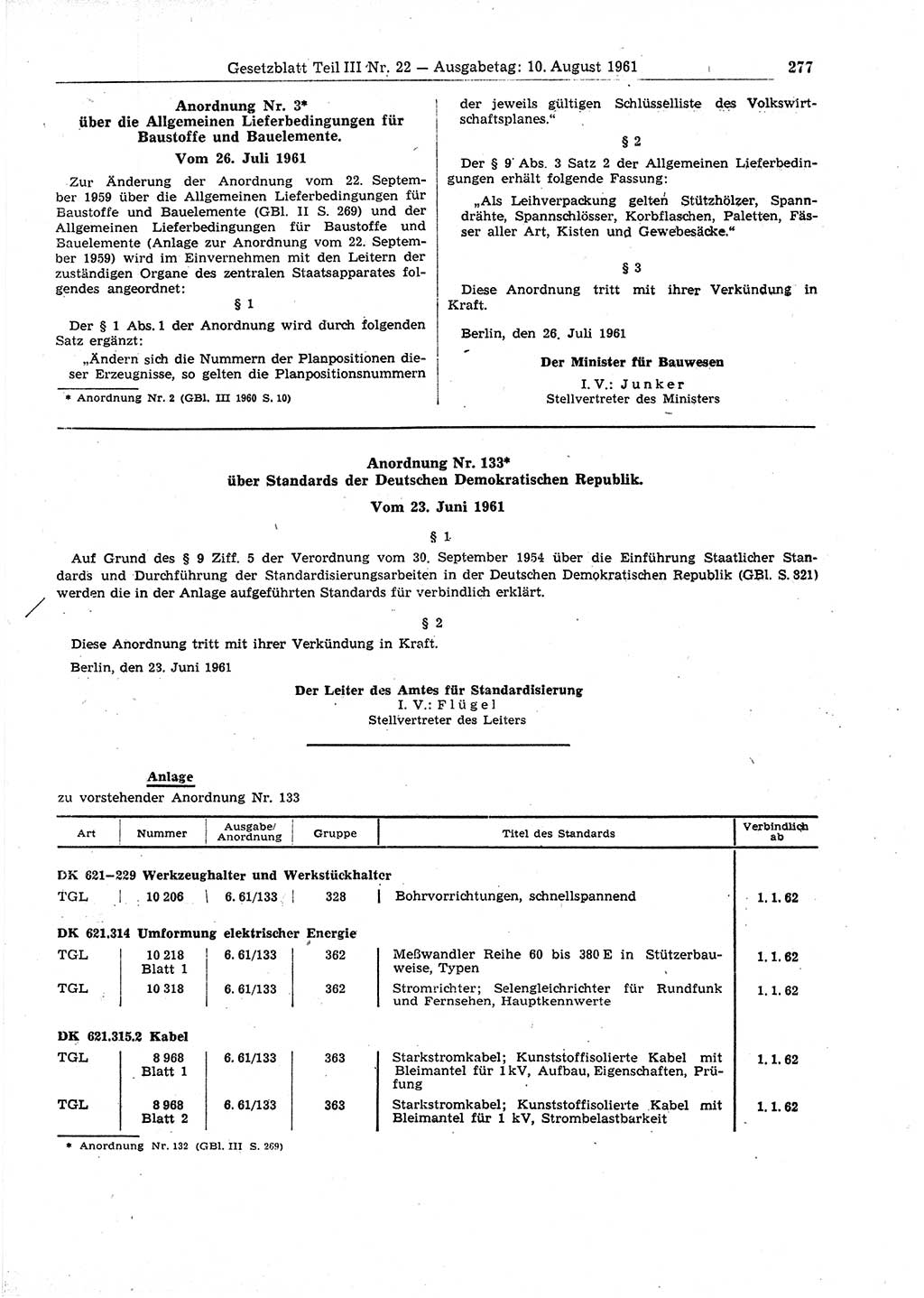 Gesetzblatt (GBl.) der Deutschen Demokratischen Republik (DDR) Teil ⅠⅠⅠ 1961, Seite 277 (GBl. DDR ⅠⅠⅠ 1961, S. 277)