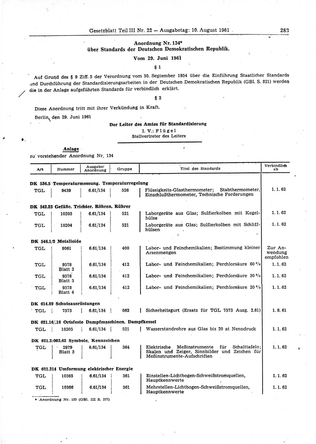 Gesetzblatt (GBl.) der Deutschen Demokratischen Republik (DDR) Teil ⅠⅠⅠ 1961, Seite 283 (GBl. DDR ⅠⅠⅠ 1961, S. 283)