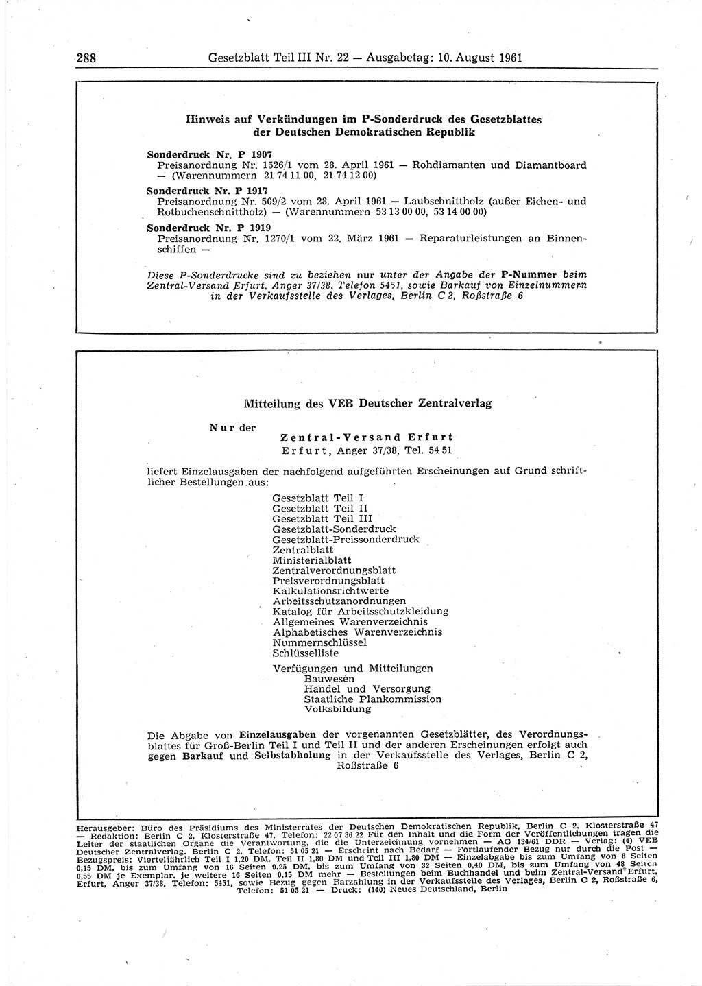 Gesetzblatt (GBl.) der Deutschen Demokratischen Republik (DDR) Teil ⅠⅠⅠ 1961, Seite 288 (GBl. DDR ⅠⅠⅠ 1961, S. 288)