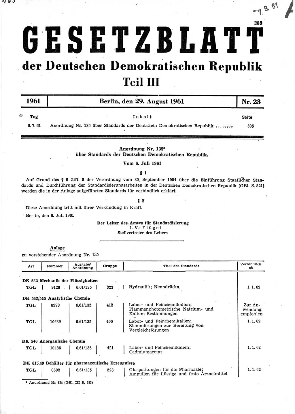 Gesetzblatt (GBl.) der Deutschen Demokratischen Republik (DDR) Teil ⅠⅠⅠ 1961, Seite 289 (GBl. DDR ⅠⅠⅠ 1961, S. 289)