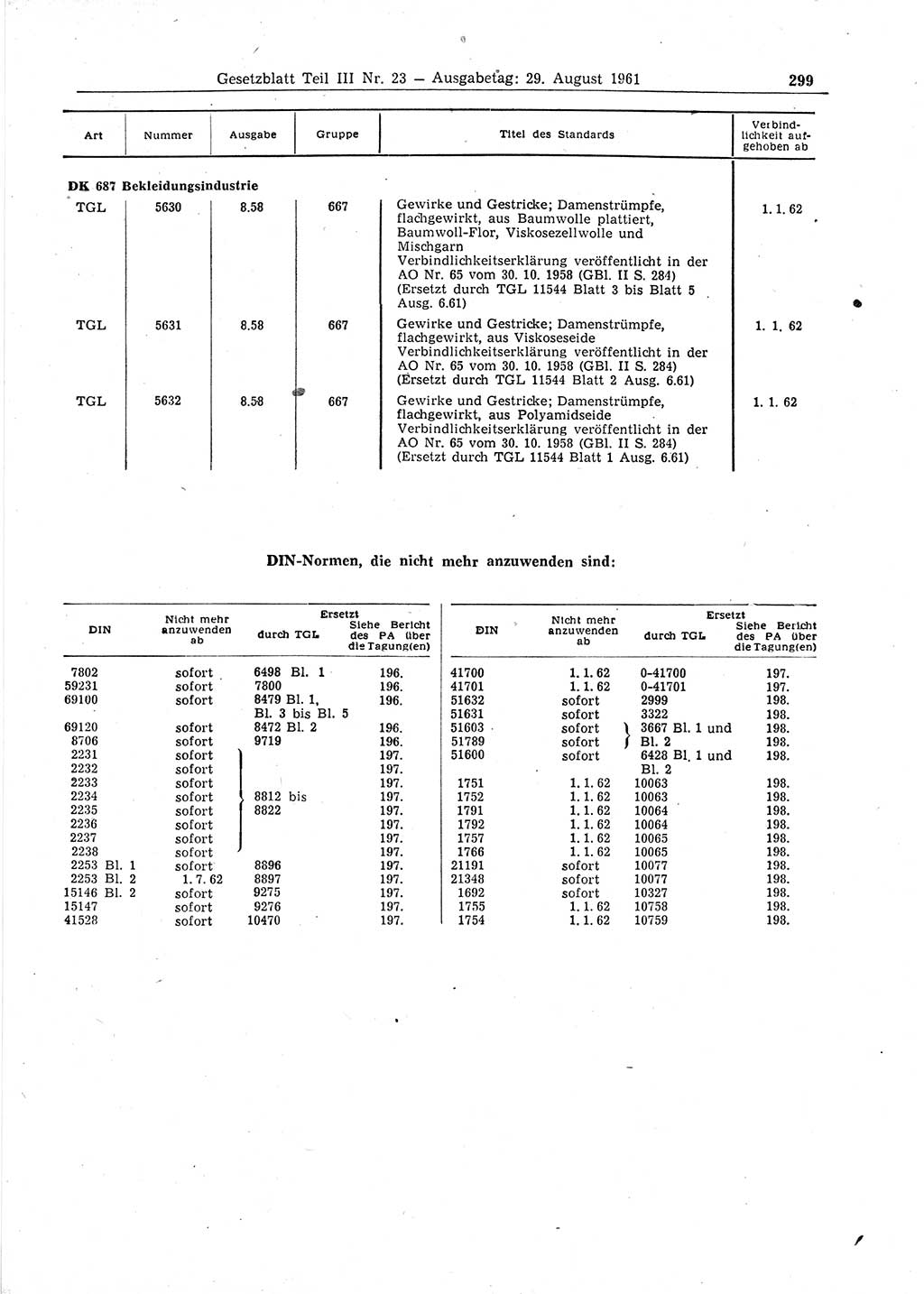 Gesetzblatt (GBl.) der Deutschen Demokratischen Republik (DDR) Teil ⅠⅠⅠ 1961, Seite 299 (GBl. DDR ⅠⅠⅠ 1961, S. 299)