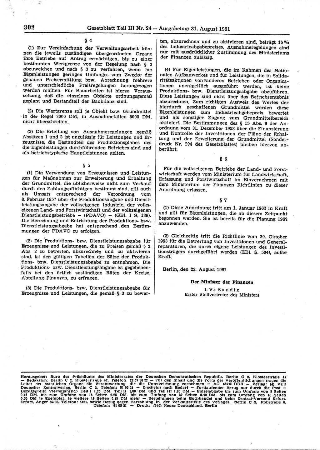Gesetzblatt (GBl.) der Deutschen Demokratischen Republik (DDR) Teil ⅠⅠⅠ 1961, Seite 302 (GBl. DDR ⅠⅠⅠ 1961, S. 302)