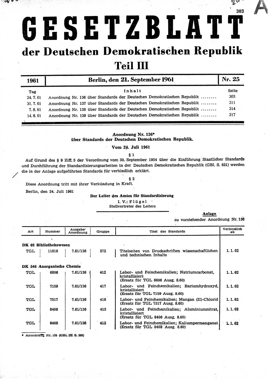 Gesetzblatt (GBl.) der Deutschen Demokratischen Republik (DDR) Teil ⅠⅠⅠ 1961, Seite 303 (GBl. DDR ⅠⅠⅠ 1961, S. 303)