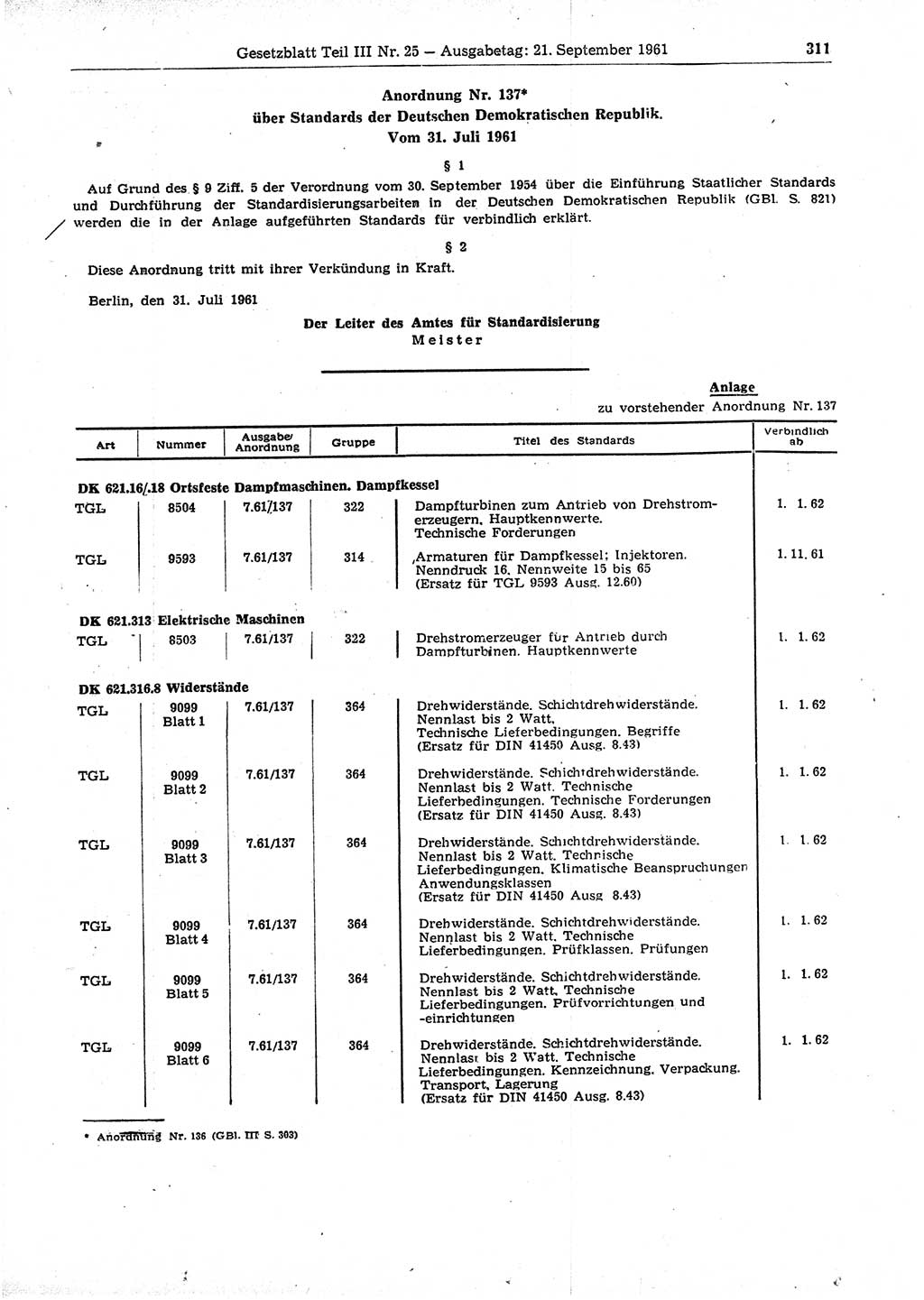 Gesetzblatt (GBl.) der Deutschen Demokratischen Republik (DDR) Teil ⅠⅠⅠ 1961, Seite 311 (GBl. DDR ⅠⅠⅠ 1961, S. 311)