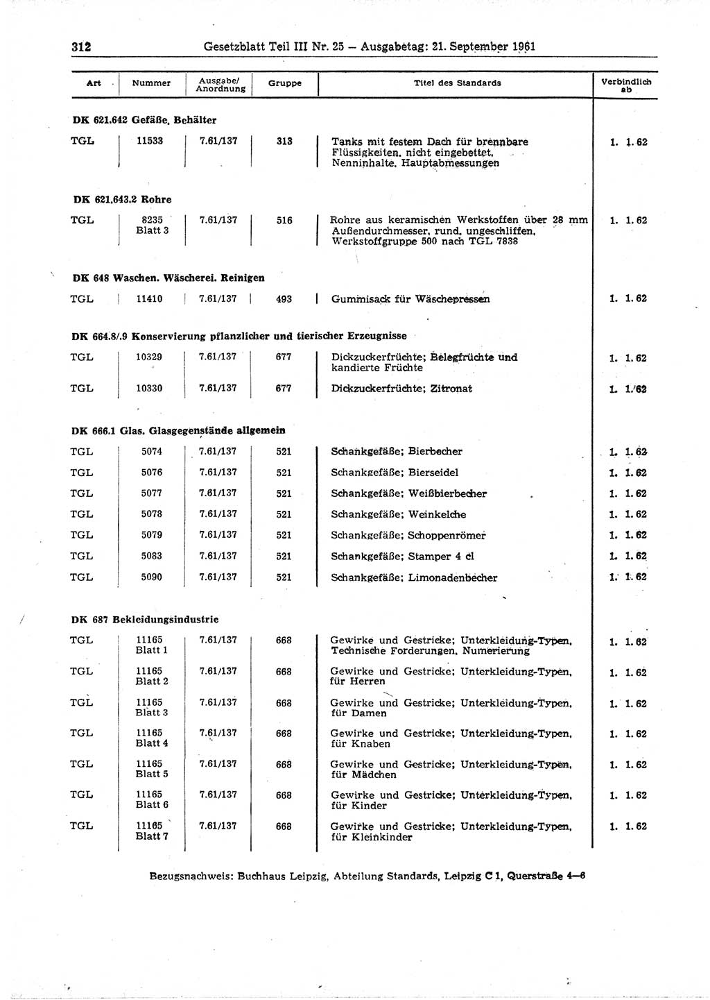 Gesetzblatt (GBl.) der Deutschen Demokratischen Republik (DDR) Teil ⅠⅠⅠ 1961, Seite 312 (GBl. DDR ⅠⅠⅠ 1961, S. 312)