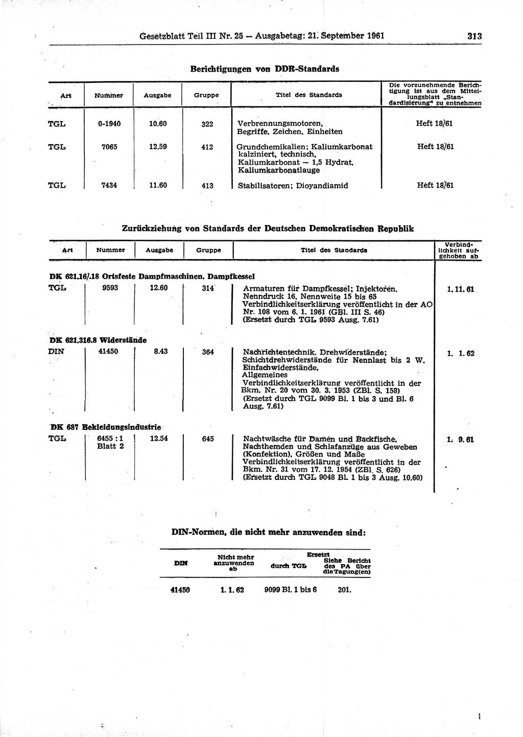 Gesetzblatt (GBl.) der Deutschen Demokratischen Republik (DDR) Teil ⅠⅠⅠ 1961, Seite 313 (GBl. DDR ⅠⅠⅠ 1961, S. 313)