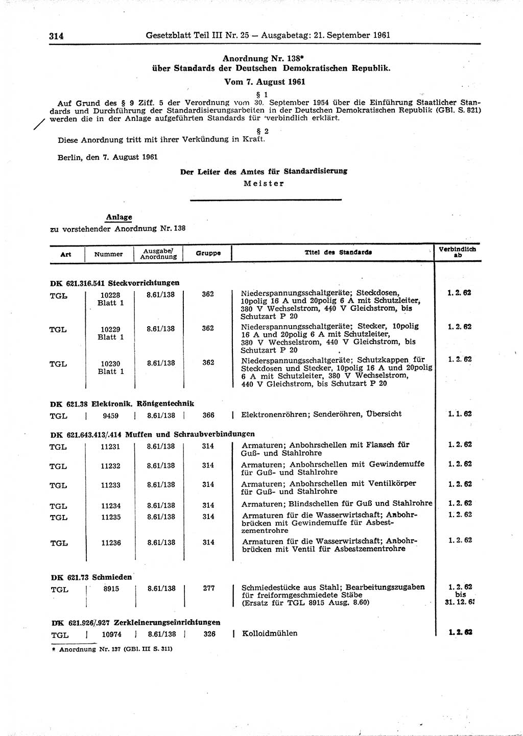 Gesetzblatt (GBl.) der Deutschen Demokratischen Republik (DDR) Teil ⅠⅠⅠ 1961, Seite 314 (GBl. DDR ⅠⅠⅠ 1961, S. 314)