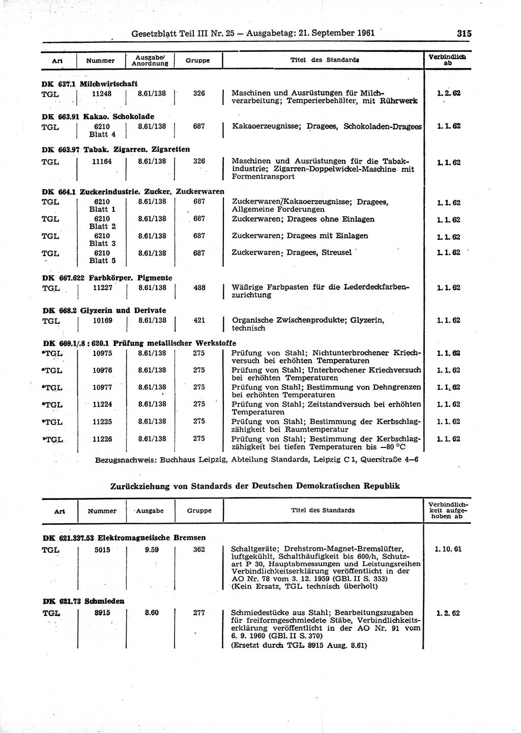 Gesetzblatt (GBl.) der Deutschen Demokratischen Republik (DDR) Teil ⅠⅠⅠ 1961, Seite 315 (GBl. DDR ⅠⅠⅠ 1961, S. 315)