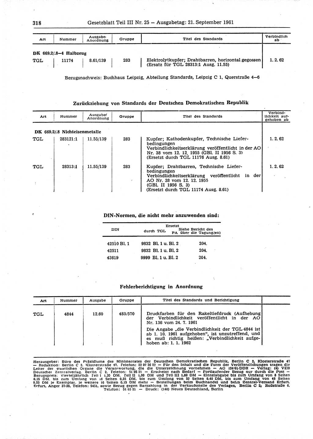 Gesetzblatt (GBl.) der Deutschen Demokratischen Republik (DDR) Teil ⅠⅠⅠ 1961, Seite 318 (GBl. DDR ⅠⅠⅠ 1961, S. 318)