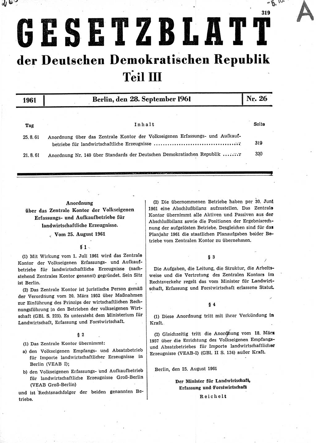 Gesetzblatt (GBl.) der Deutschen Demokratischen Republik (DDR) Teil ⅠⅠⅠ 1961, Seite 319 (GBl. DDR ⅠⅠⅠ 1961, S. 319)