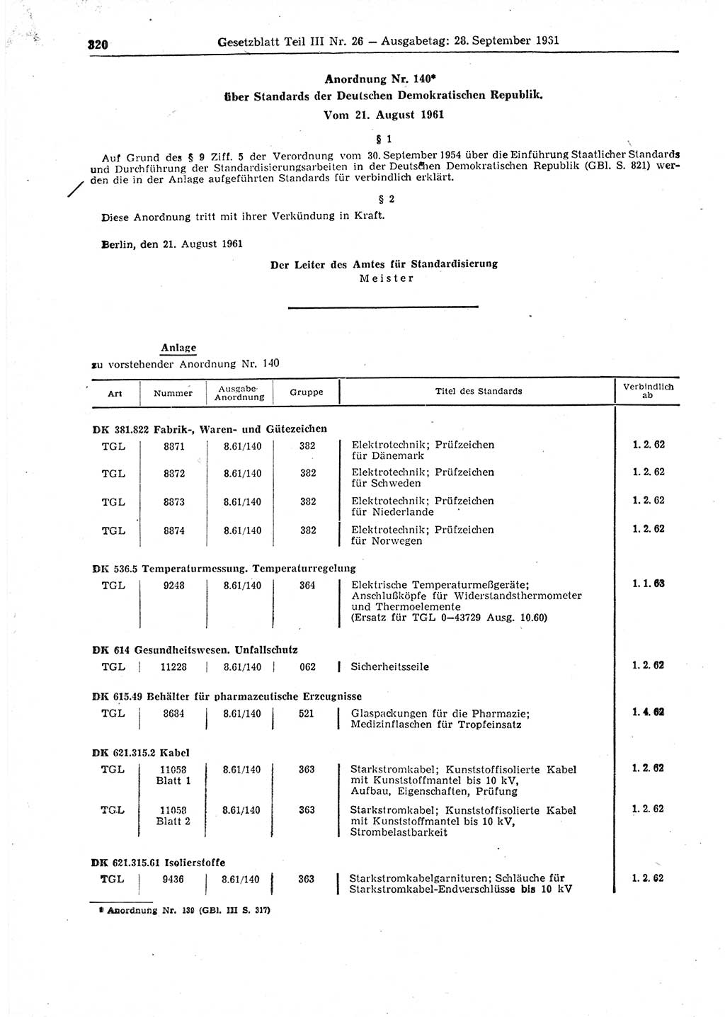 Gesetzblatt (GBl.) der Deutschen Demokratischen Republik (DDR) Teil ⅠⅠⅠ 1961, Seite 320 (GBl. DDR ⅠⅠⅠ 1961, S. 320)