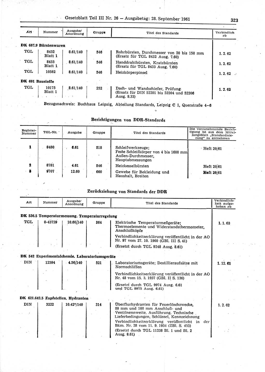 Gesetzblatt (GBl.) der Deutschen Demokratischen Republik (DDR) Teil ⅠⅠⅠ 1961, Seite 323 (GBl. DDR ⅠⅠⅠ 1961, S. 323)