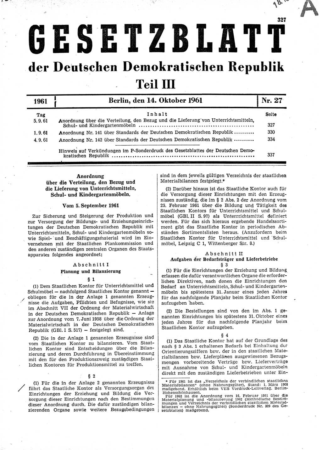 Gesetzblatt (GBl.) der Deutschen Demokratischen Republik (DDR) Teil ⅠⅠⅠ 1961, Seite 327 (GBl. DDR ⅠⅠⅠ 1961, S. 327)