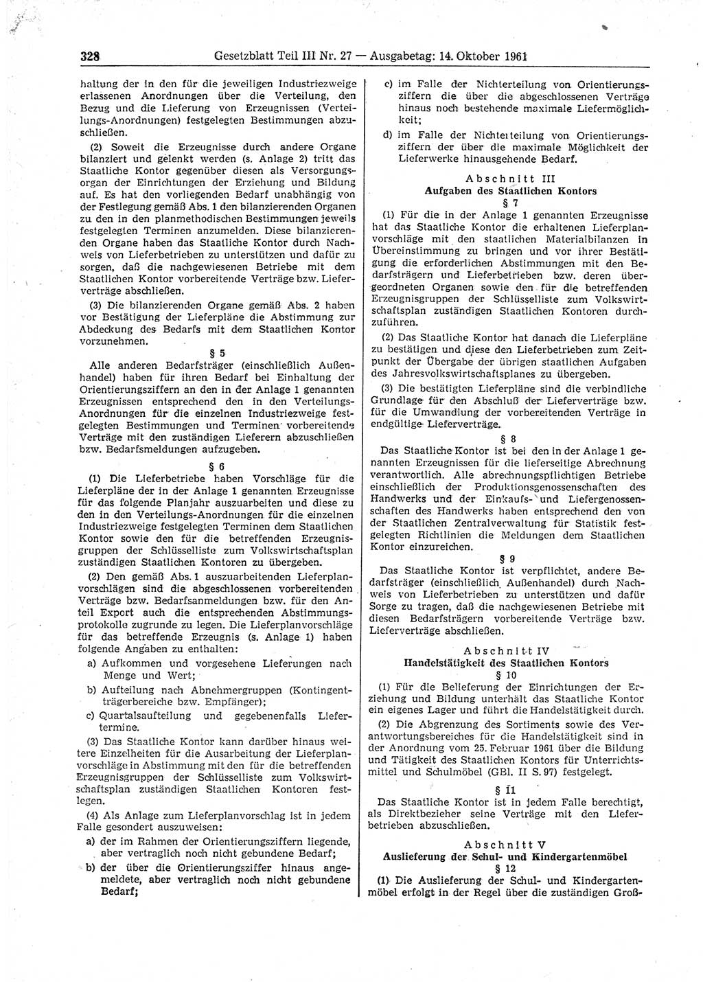 Gesetzblatt (GBl.) der Deutschen Demokratischen Republik (DDR) Teil ⅠⅠⅠ 1961, Seite 328 (GBl. DDR ⅠⅠⅠ 1961, S. 328)
