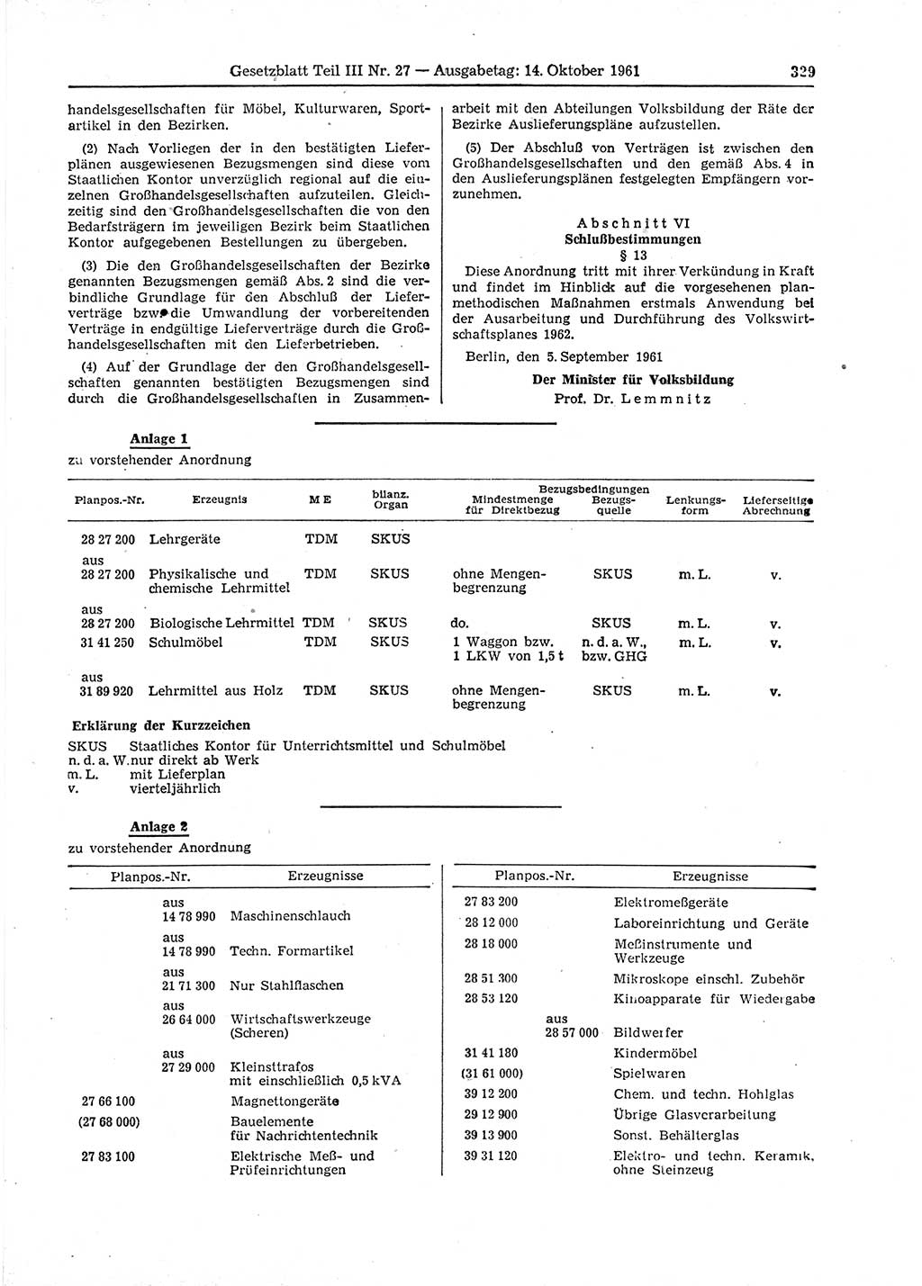 Gesetzblatt (GBl.) der Deutschen Demokratischen Republik (DDR) Teil ⅠⅠⅠ 1961, Seite 329 (GBl. DDR ⅠⅠⅠ 1961, S. 329)