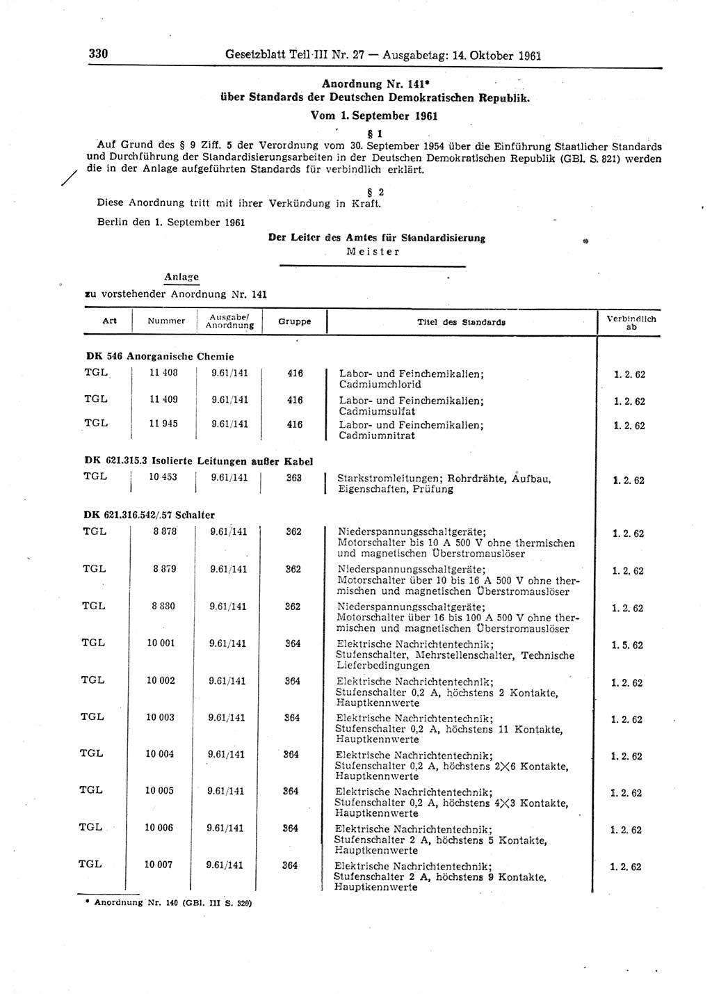 Gesetzblatt (GBl.) der Deutschen Demokratischen Republik (DDR) Teil ⅠⅠⅠ 1961, Seite 330 (GBl. DDR ⅠⅠⅠ 1961, S. 330)