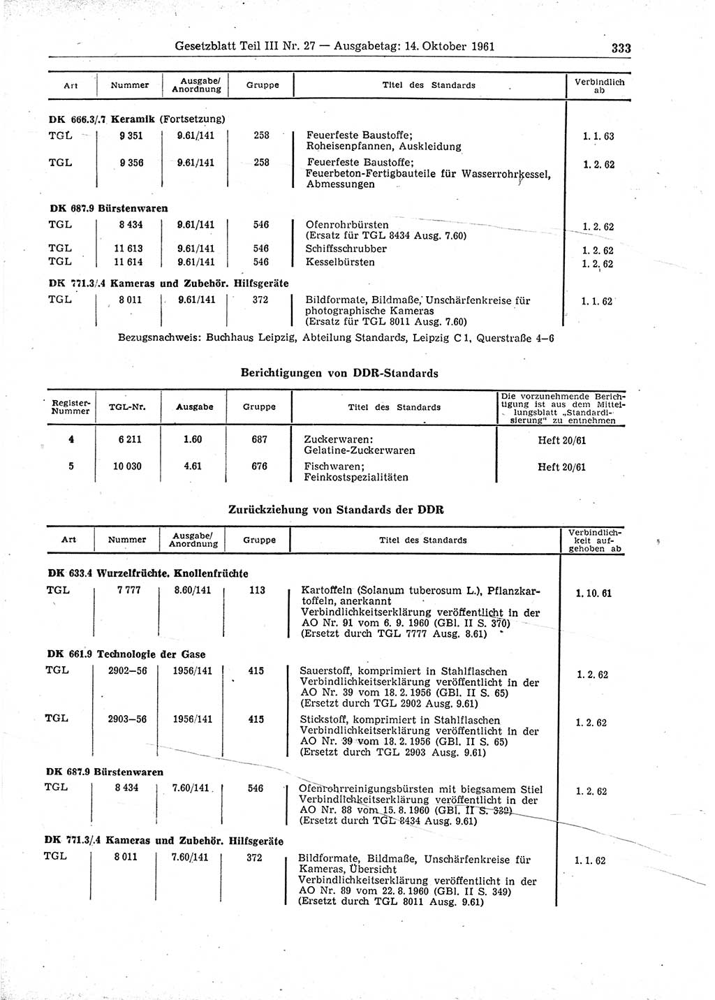 Gesetzblatt (GBl.) der Deutschen Demokratischen Republik (DDR) Teil ⅠⅠⅠ 1961, Seite 333 (GBl. DDR ⅠⅠⅠ 1961, S. 333)